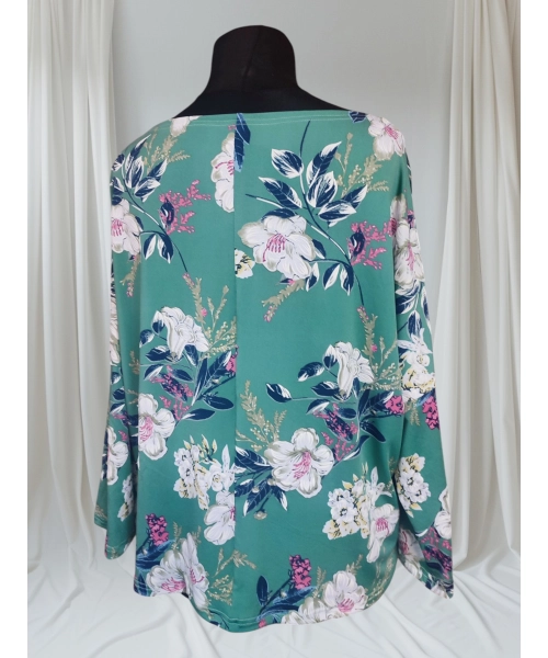 Zielona bluzka z rękawem 3/4 kimono - wzór białe kwiaty